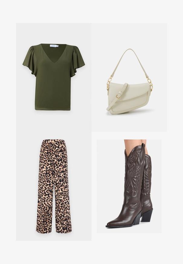 Olivgrünes Kurzarmshirt mit V-Ausschnitt, ausgestattet mit weichen, gerafften Ärmeln und einem glatten, leichten Stoff. Keine sichtbaren Muster oder Akzente.; Weite Hosen aus weichem Stoff mit einem Leopardenmuster in warmem Beige und Dunkelbraun, ausgestattet mit einem elastischen Bund für hohen Tragekomfort.; Braune Leder-Cowboy-Stiefel mit spitzem Punkt und Blockabsatz, die über detaillierte Stickereien und hervorgehobene Akzente am Schaft verfügen.; Kleine cremefarbene Handtasche mit strukturiertem Finish, einem langen verstellbaren Tragegurt, einem Kettenakzent und einem Klappenverschluss. Goldene Hardware-Details.; Goldene Creolen mit einer glatten, glänzenden Oberfläche. Zirkuläres Design mit einem kleinen Stecker und einer klaren Rückseite für einen sicheren Sitz.