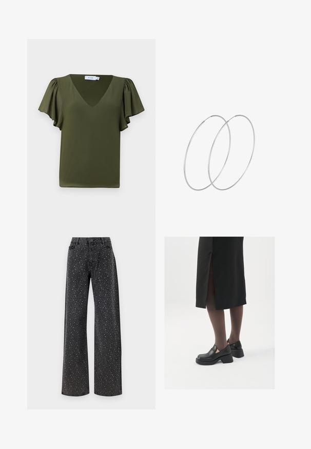 Olivgrön kortärmad topp med V-ringning, som har mjuka, rynkade ärmar och ett slätt, lätt tyg. Inga synliga mönster eller accenter.; Noisy May NMJANNEL LOOSE - Jeans relaxed fit - black denim; Svarta läderskor med rund tå, tjock klack utan häl och elastiska sidodetaljer, kombinerat med mörka strumpbyxor och en svart kjol med slits.; Silverfärgade hoopörhängen med en minimalistisk design. Cirkulär form, slät yta och tunn profil. Lätta med en polerad finish.