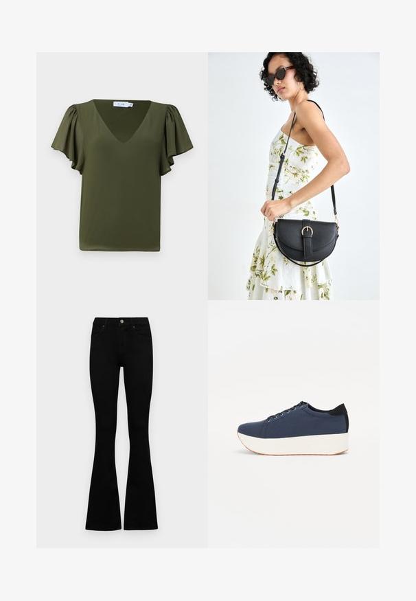 Zeleno-olivová blúzka s krátkym rukávom a výstrihom do V, s mäkkými nazbieranými rukávmi a hladkým, ľahkým materiálom. Žiadne viditeľné vzory ani akcenty.; Čierne vysoké nohavice s gombíkom a zipsom, predné vrecká a rozšírené nohavice položené na bielom pozadí.; Námornícky modré tenisky s textúrovaným textilným zvrškom, bielou platformovou podrážkou, zaoblenou špičkou a čiernym akcentom na päte. Obsahujú šesť otvorov na šnúrky.; Čierna kožená kabelka s zaobleným tvarom, odnímateľným popruhom a zlatými doplnkami. Kabelka má klopu s detailom s prackou.