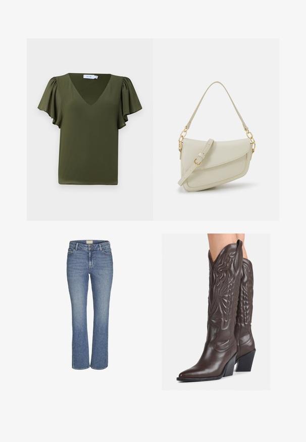 Olijfgroen top met korte mouwen en een V-hals, met zachte, gerimpelde mouwen en een gladde, lichte stof. Geen zichtbare patronen of accenten.; Mid-blauwe rechte denim jeans met een sluiting van knoop en rits aan de voorkant, riemlussen en voor- en achterzakken.; Bruine leren cowboylaarzen met een spitse neus en blokhak, voorzien van gedetailleerde stiksels en verhoogde accenten op de schacht.; Kleine crèmekleurige handtas met een textuurafwerking, een lange verstelbare schouderband, een kettingaccent en een klepsluiting. Gouden hardware-details.; Zilveren creolen met een gedraaide ontwerp, voorzien van een gepolijste afwerking en een post-back sluiting. Meet ongeveer 3 cm in diameter.