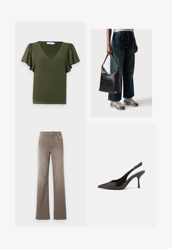 Olive green short-sleeve top with a V-neck, featuring soft, gathered sleeves and a smooth, lightweight fabric. No visible patterns or accents.; Brown high-waist straight-leg jeans with front button, belt loops, and classic five-pocket design on a white background.; Slingback high-heeled shoe in glossy dark brown patent leather, pointed toe, open sides, and adjustable ankle strap.; Black leather shoulder bag with a smooth texture and adjustable strap, paired with faded wide-leg jeans and athletic sneakers.