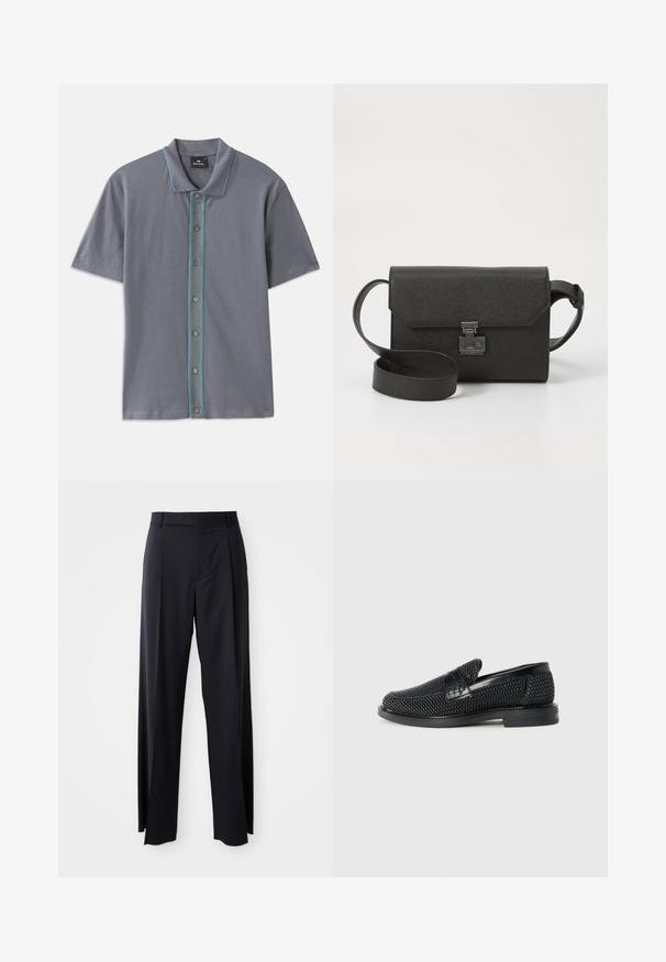 Camisa polo gris de manga corta con una raya azul y verde que contrasta a lo largo de la tapeta de botones y cinco botones marrones. Textura de tela suave.; Pantalones negros de tiro alto con corte de pierna ancha, confeccionados en una tela suave. Presenta pliegues en la parte delantera y trabillas para cinturón. Diseño minimalista, sin hardware visible.; Zapato negro de tejido con un acento de cuero suave en la parte superior, diseño de punta redonda y suela de goma de perfil bajo.; Bolso bandolera de cuero negro con acabado texturizado, cierre de solapa, herrajes metálicos y correa ajustable a juego.