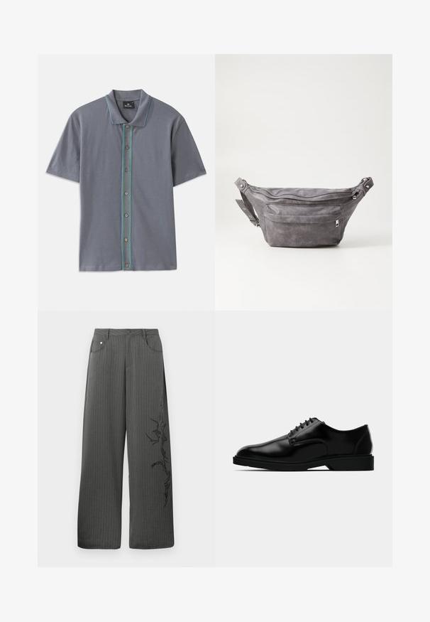 Polo gris à manches courtes avec une bande contrastante bleue et verte le long de la patte de boutonnage et cinq boutons marron. Texture de tissu douce.; Pantalons larges à rayures dans un tissu gris foncé, avec des poches avant et un imprimé décoratif noir sur le côté gauche.; Chaussure habillée en cuir noir avec une finition lisse, bout rond, système de laçage, et semelle en caoutchouc discrète pour une meilleure traction.; Sac banane en suède gris avec une forme arrondie, deux compartiments zippés et une sangle réglable. Comprend des accents en métal.