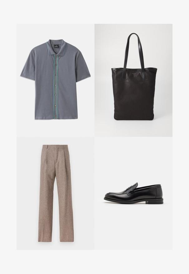 Polo gris à manches courtes avec une bande contrastante bleue et verte le long de la patte de boutonnage et cinq boutons marron. Texture de tissu douce.; Pantalons marron taille haute en tissu texturé. Présente des jambes larges et deux plis avant pour la structure. Finition soignée sans matériel visible.; Mocassins en cuir noir avec une texture lisse, bout rond et une sangle décorative sur le dessus. Talon bas empilé, design minimaliste.; Sac fourre-tout en toile noire avec des poignées en cuir noir. Design simple, corps spacieux et texture lisse. Pas de logos ou motifs visibles.