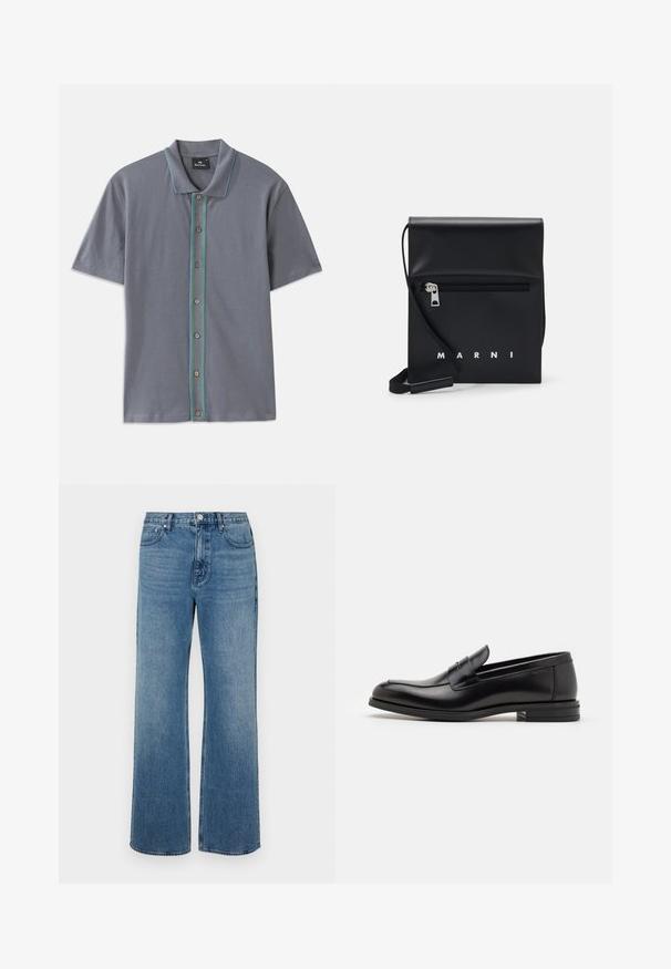 Graues Polo-Shirt mit kurzen Ärmeln und blau-grünem Kontraststreifen entlang des Knopfes sowie fünf braunen Knöpfen. Weicher Stoff.; Weite blaue Jeans aus Denim mit einem verblassten Finish. Verfügt über fünf Taschen, einen Frontknopfverschluss und einen geraden Schnitt.; Schwarze Lederloafers mit glatter Textur, rundem Zehenbereich und einem dekorativen Riemen über dem Vorderfuß. Niedriger, gestapelter Absatz, minimalistisches Design.; Schwarze Leder-Crossbody-Tasche mit einer Reißverschlusstasche vorne, geprägtem Logo und verstellbarem Tragegurt. Glatte Oberfläche mit strukturierter Form.