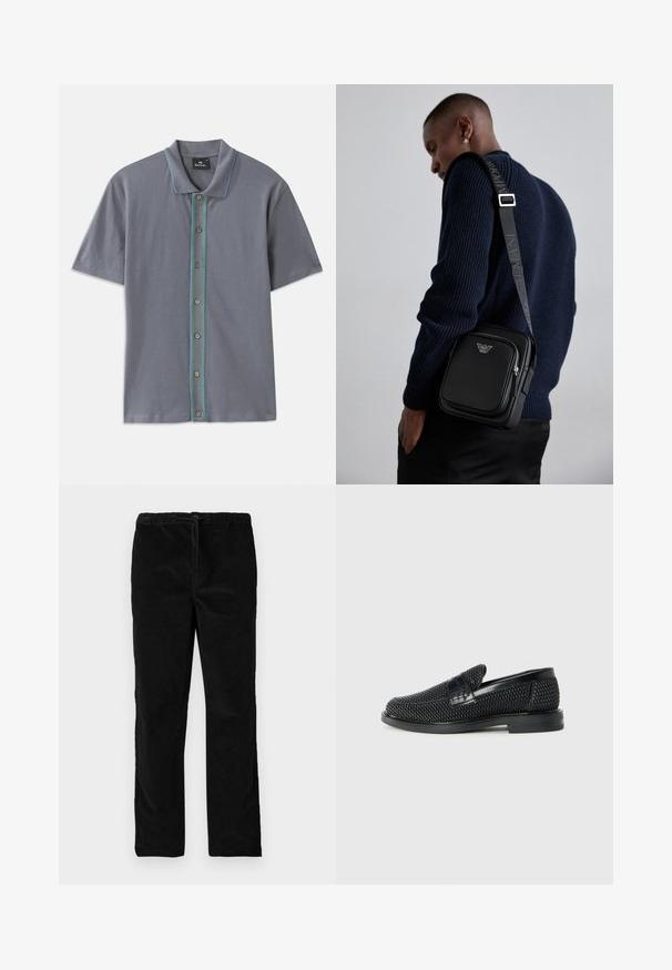 Gray short-sleeve polo shirt with a contrasting blue and green stripe along the button placket and five brown buttons. Soft fabric texture.; Black straight-leg velvet pants with elastic waistband and front drawstring, displayed against a plain white background.; Black woven slip-on shoe with a smooth leather accent on the upper, a round toe design, and a low-profile rubber sole.; Black leather crossbody bag with a zippered compartment, logo detail, and a branded adjustable strap. Worn against a textured navy sweater.