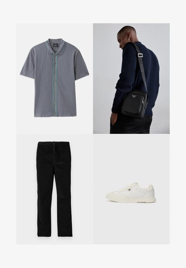 Polo shirt grigio a maniche corte con una striscia a contrasto blu e verde lungo la pattina dei bottoni e cinque bottoni marroni. Tessuto morbido.; Pantaloni neri in velluto a gamba dritta con vita elastica e cordoncino anteriore, esposti su uno sfondo bianco uniforme.; Sneaker bianco a basso profilo con allacciatura frontale, suola liscia e piccolo logo metallico sul lato, mostrato su uno sfondo semplice.; Borsa a tracolla in pelle nera con un scomparto con zip, dettaglio del logo e una tracolla regolabile con branding. Indossata sopra un maglione blu navy a trama.