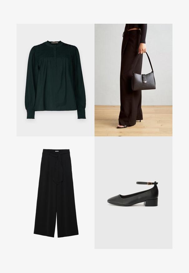 Tume roheline bluson kõrge kaelusega, volditud kehaosaga ja nööbivarrukaga. Pikkadel varrukatel on smockimisega mansetid ja lõtv istuvus. Pehme, kerge kangas.; Mustad laiad püksid, millel on tekstureeritud kangas, elastne vöökoht ja eemaldatav pael vööst, et reguleerida sobivust.; Must mustaapp, millel on terav nina ja madal blokk-kand. Omab pahkluu rihma koos kuldse tooni pandlaga. Sile tekstuur.; Must musta kott, millel on struktureeritud kuju, sile tekstuur ja metallist klamber. Kombineeritud laiate mustade pükstega ja avatud varvaste sandaalidega puidust põrandal.