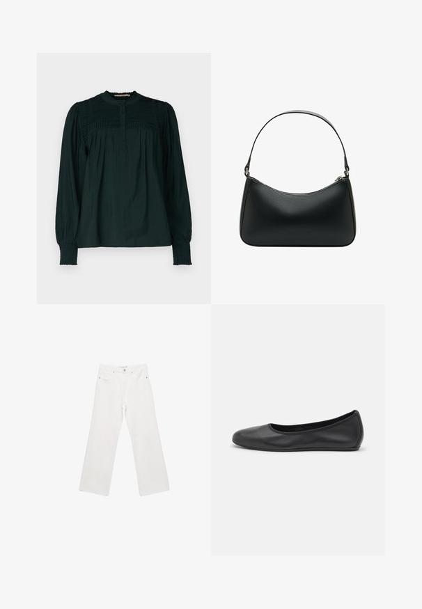 Blusa verde scuro con collo alto, corpino plissettato e chiusura a bottoni. Le maniche lunghe presentano polsini arricciati e una vestibilità ampia. Tessuto morbido e leggero.; Pantaloni larghi in denim bianco con design a cinque tasche, dotati di minuteria metallica e cuciture a contrasto. Texture liscia e vestibilità rilassata.; Pantofole da balletto nere in pelle con punta arrotondata, texture liscia, dettagli di cucitura minimi e design con suola flessibile.; Borsa a spalla in pelle nera con forma curvata, una tracolla piatta singola e chiusura con zip superiore. Texture liscia con dettagli hardware minimi.