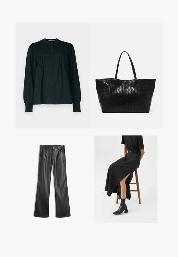 Temno zelena bluzica s visokim ovratnikom, nabranim korpusom in gumbnim zapiranjem spredaj. Dolgi rokavi imajo nabrane manšete in ohlapen kroj. Mehka, lahka tkanina.; Črne hlače s širokimi nogavicami iz umetnega usnja z gladko teksturo, pet žepov, zadrgo spredaj in kontrastnim šivanjem.; Črna lanena maxi krilo z visokim razporkom, oblečeno s črno majico in črnimi gležnjarji. Minimalističen dizajn z udobnim krojem.; Črna tkanina torba s trdnimi ročaji, ki ima sijočo teksturo in prostoren odprt zgornji dizajn.