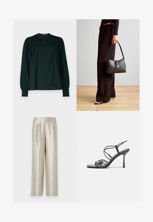 Bluză verde închis cu guler înalt, bust plisat și închidere cu nasturi. Mâneci lungi cu manșete elasticizate și croiala lejeră. Material moale, ușor.; Pantaloni dintr-un satin bej deschis cu o textură netedă, având talie înaltă, picioare late și pliuri subtile pentru un detaliu suplimentar.; Sandale negre cu toc înalt au curele subțiri cu un design legat, un vârf pătrat neted și un toc stiletto elegant.; Genți negre cu o formă structurată, textură netedă și un închizător metalic. Asortată cu pantaloni negri largi și sandale cu vârf deschis pe un podea din lemn.