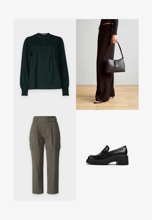 Tumši zaļa blūze ar augstu kakla izgriezumu, pleitētu augšu un pogu priekšpusi. Garās piedurknes ir ar smalkām aprocēm un vaļīgu piegriezumu. Mīksts, viegls audums.; Lietus bikses olīvzaļā krāsā, izgatavotas no viegla auduma. Iespējas ietver jostu vidukļa daļā, priekšējās krokas un sānu kabatas ar atloka aizdari.; Melnas ādas chunky papēža loafers ar biezu zoli un siksniņas detaļu pāri augšai, attēlots no sāna uz baltas fona.; Melnā somiņa ar strukturētu formu, gludu tekstūru un metālu sprādzi. Saskaņota ar platām melnām biksēm un sandālēm ar atvērtu purngalu uz koka grīdas.
