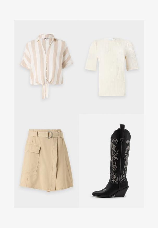 V krémszínű és fehér csíkos, rövid ujjú ing, gombos elülső résszel és megkötött alsó résszel. Könnyű anyagból készült, amely alkalmas meleg időjárásra.; Rövid ujjú, krémszínű blúz texturált hullámmintával. Kerek nyakú és finoman gyűrött részletekkel az ujjaknál. Könnyű anyag.; Beige pamut szoknya oldalsó zsebbel, övvel ellátott derékkal, ezüst gyűrűvel, és enyhén A-vonalú szabással. Simogatós textúra és egyszerű dizájn.; Fekete bőr cowboy csizmák hegyes orral, wedge sarkakkal és ezüst hímzett virágmintákkal a szár mentén. Kontraszt varrás az egész csizmán.