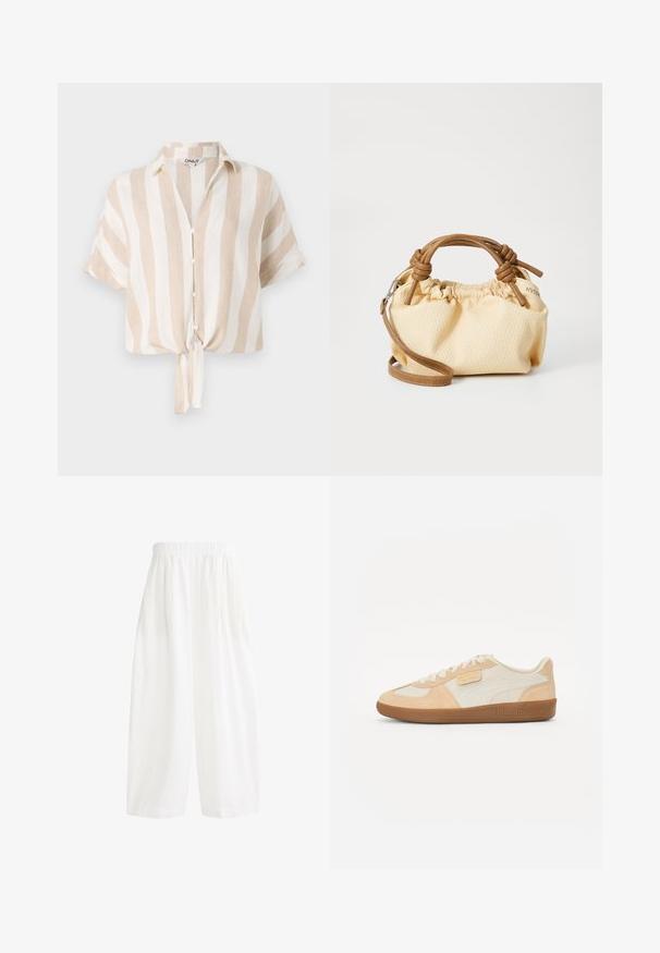 Valkoinen ja beige raidallinen lyhythihainen paita nappikiinnityksellä ja sidottu helma. Valmistettu kevyestä kankaasta, joka sopii lämpimään säähän.; Valkoiset, korkeavyötäröiset, leveälahkeiset housut, joissa on joustava vyötärönauha ja pehmeä, teksturoitu kangas. Muotoilussa on pleatsit lisämuodon vuoksi.; Beige lenkkarit, joissa on mokka- ja nahkapäällinen, sisältäen vaalean kermapunaisen paneelin, ruskeita yksityiskohtia ja teksturoitu kumipohja. Logo sivulla.; Pieni, kermaisen tekstuurin käsilaukku, jossa on ruskeat nahkaiset kahvat ja irrotettava olkahihna. Kokkareinen muotoilu näkyvillä ompeluyksityiskohdilla.; Kello, jossa on ruskea nahkainen hihna, neliömäinen kultakehys, valkoinen kellotaulu ja roomalaiset numerot, vietetty kädessä, jolla on kuvioitu pitkähihaista mekkoa.