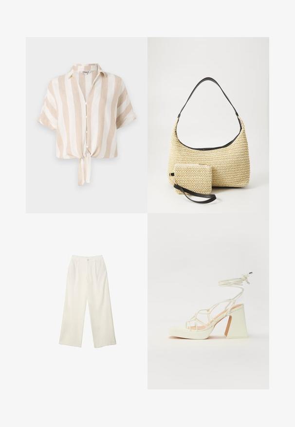 Béžová a biela prúžkovaná košeľa s krátkymi rukávmi, so zapínaním na gombíky a zaväzovaním na spodnej časti. Vyrobená z ľahkej tkaniny, vhodnej na teplé počasie.; Široké nohavice z krémovej látky s hladkou textúrou, s jedným predným gombíkom, jemnými skladmi a vysokým pásom.; Biele sandále na vysokom opätku s hrubým podpätkom, s pruhovaným dizajnom a viazaním na členku. Hladký povrch s platformou vpredu pre zvýšenú výšku.; Tkaná slamenná kabelka s prehnutým siluetom, vybavená hladkým čiernym koženým popruhom a zodpovedajúcou malou taštičkou pripevnenou pomocou zápästného popruhu.