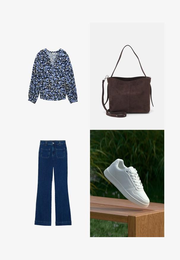 Blumenbluse in Marineblau mit blauen Blumen und grünen Akzenten. Mit V-Ausschnitt, langen Ärmeln und gerafften Manschetten. Leichte Stoffqualität.; Dunkelblaue Denim-Jeans im Schlagstil mit glatter Textur, Fünf-Taschen-Design und einem Knopfverschluss an der Taille.; Weiße Sneaker mit einem glatten, synthetischen Obermaterial, perforierter Zehenbox, flachen Schnürsenkeln und einer strukturierten Sohle, präsentiert auf einer Holzoberfläche.; Braune Wildleder-Tasche mit weicher Textur, ausgestattet mit einem einzelnen Schulterriemen und einer dezenten, gewölbten Öffnung an der Oberseite. Keine sichtbaren Beschläge.