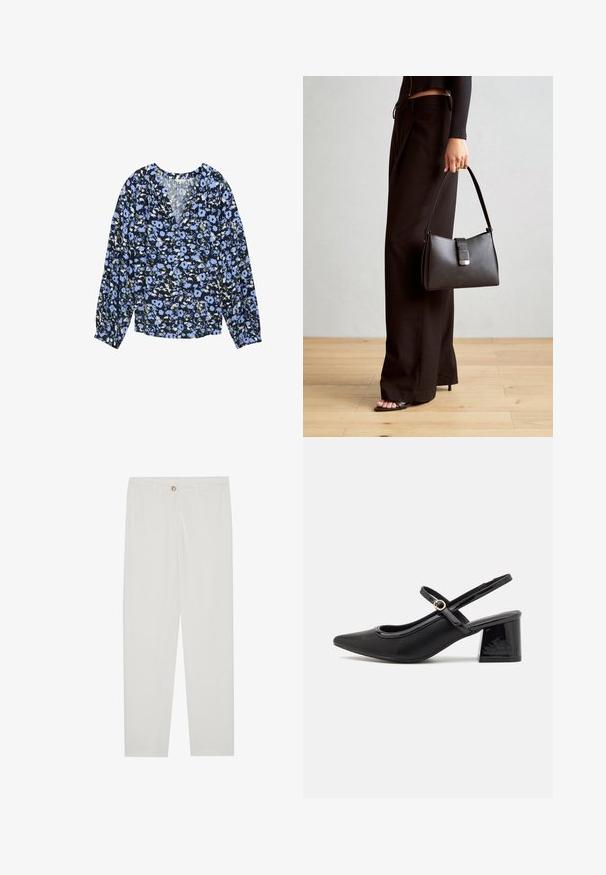 Kwiatowa bluzka w granatowym kolorze z niebieskimi kwiatami i zielonymi akcentami. Posiada dekolt w serek, długie rękawy i marszczone mankiety. Lekki materiał.; Białe, dopasowane spodnie z prostymi nogawkami, posiadające zapięcie na guzik, szlufki na pasek oraz kieszenie boczne; gładka tekstura materiału.; Czarne lakierowane czółenka na słupku ze spiczastym noskiem, lekko zaokrąglonym wycięciem i obcasem w kształcie bloku. Posiadają złotą klamrę jako akcent dekoracyjny.; Czarna torebka o usztywnionym kształcie, gładkiej fakturze i metalowym zapięciem. Połączona z szerokimi czarnymi spodniami i sandałami na otwartym palcu na drewnianej podłodze.