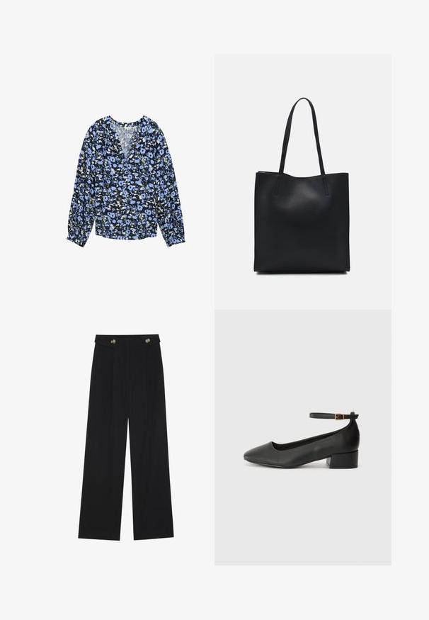 Blumenbluse in Marineblau mit blauen Blumen und grünen Akzenten. Mit V-Ausschnitt, langen Ärmeln und gerafften Manschetten. Leichte Stoffqualität.; Schwarze weite Hosen mit hoher Taille, Knopfdetails am Bund und vorderen Falten.; Schwarze Lederpumps mit spitzem Zehenbereich und niedrigem Blockabsatz. Mit einem Knöchelriemen und einer goldfarbenen Schnalle. Glatte Textur.; Schwarze Laptoptasche aus Leder mit glatter Textur, rechteckiger Form und zwei langen Griffen. Keine sichtbaren Beschläge oder Verzierungen.