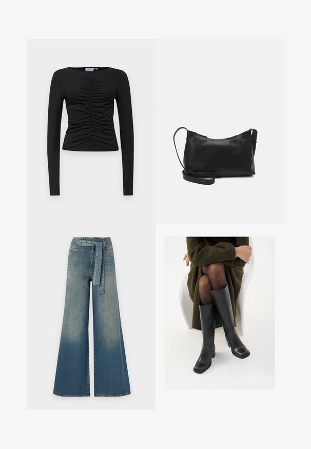 Schwarzes Langarmoberteil aus elastischem Stoff, mit einer gerafften Gestaltung an der Vorderseite, runder Ausschnitt und taillierte Form.; Weit geschnittene Denim-Hosen mit einem Farbverlauf von hellblau zu dunkelblau, hoher Taille, Gürtelschlaufen und einem passenden Stoffgürtel. Strukturierte Denim-Oberfläche.; Knöchelhöhe schwarze Lederstiefel mit quadrater Spitze und Blockabsatz, gezeigt mit einem Modell, das einen olivgrünen Mantel trägt. Glatte Textur, minimale Details.; Schwarze Ledertasche für die Schulter mit glatter Textur, geschwungener Form, verstellbarem Tragegurt und Reißverschluss. Minimalistisches Design ohne Verzierungen.