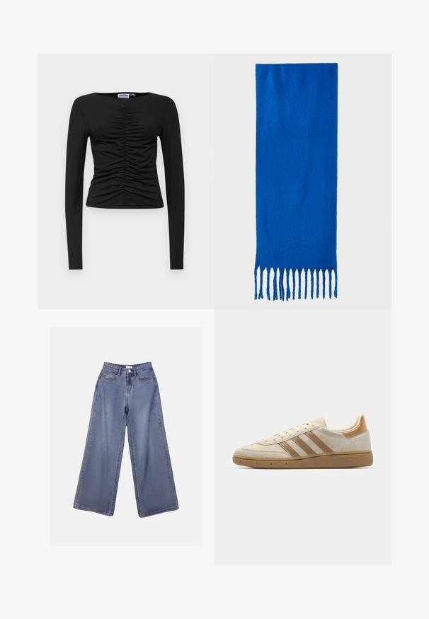 Top preto de manga longa feito de um tecido elástico, com um design franzido na frente, com decote redondo e forma justa.; Calças de ganga de perna larga numa lavagem azul clara, com uma cintura alta, bolsos frontais e fecho de botão com passadores para cinto.; Sapatilha em camurça bege com acentos em castanho claro. Apresenta três riscas castanhas, sola de borracha texturizada e design de bico arredondado.; Cachecol azul com franjas, feito de tecido macio; apresenta uma cor sólida com uma superfície texturizada e franjas cortadas de forma uniforme na parte inferior.; Uma bolsa bege feita de material macio, com um design descontraído, detalhes de costura e duas alças para o ombro. Adequada para uso diário.