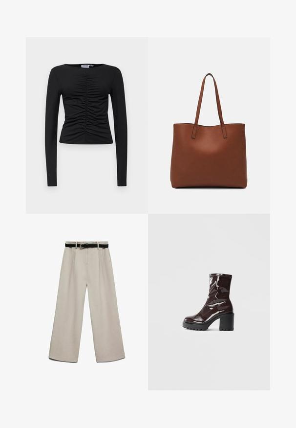 Črn dolgi rokav majica iz raztegljive tkanine, s gubanim dizajnom spredaj, okroglim izrezom in oprijetimi oblikami.; Bež široke hlače z gladko teksturo, naborki spredaj in črnim pasom s srebrno zaponko za zapiranje.; Sijajan škrlatank z bleščečim videzom, z masivnim črnim peto, ki se ponaša z gladko teksturo in preprostim dizajnom. Brez vidnih zapenjal ali vzorcev.; Rjava usnjena torba z gladko teksturo, odprto zasnovo zgoraj in dvema naramnima trakovoma. Opremljena je z minimalnim šivanjem in brez vidnih kovinskih delov.