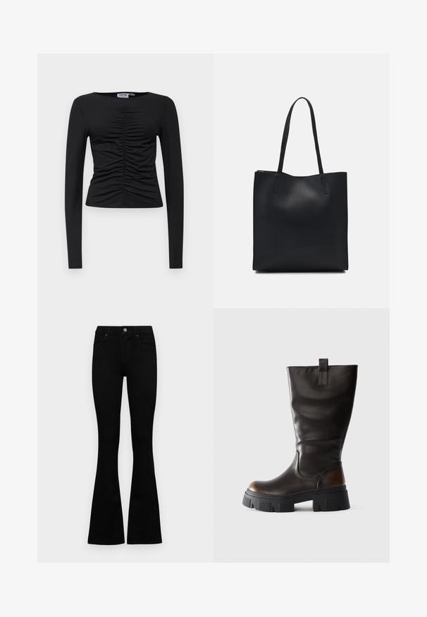 Black long-sleeve top made of stretchy fabric, featuring a gathered design at the front, with a round neckline and a fitted shape.; Black high-waist jeans with a button and zip closure, front pockets, and flared legs laid flat on a white background.; Tall black leather boot with chunky black platform sole and brown accent on heel, side view on light gray background.; Black leather tote bag with smooth texture, rectangular shape, and two long handles. No visible hardware or embellishments.