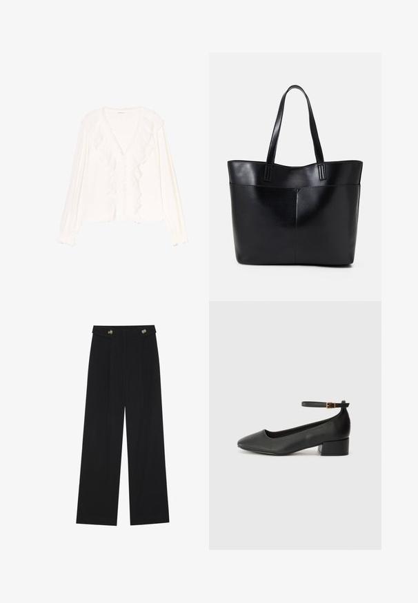 Camicia bianca con bordi arricciati lungo lo scollo e il davanti. Maniche lunghe con polsini arricciati, realizzata in un tessuto leggero.; Pantaloni neri a gamba larga con vita alta, dettagli con bottoni in vita e pieghe frontali.; Pump in pelle nera con punta affusolata e tacco basso a blocco. Presenta una cinghia alla caviglia con una fibbia in tonalità oro. Texture liscia.; Borsa a tracolla in pelle nera con due manici lunghi, una texture liscia e una forma strutturata. Presenta una tasca frontale per ulteriore spazio di archiviazione.