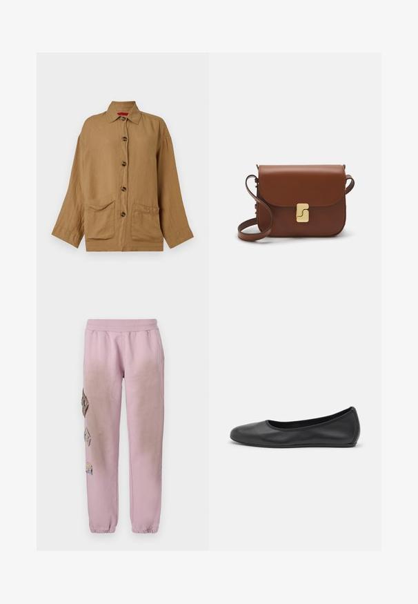 Brązowa, zapinana na guziki koszula wykonana z lekkiego materiału. Posiada kołnierzyk, dwie przednie kieszenie oraz długie rękawy z mankietami.; Biała koszulka krótki rękaw wykonana z materiału prążkowanego. Okrągły dekolt, regularny krój i subtelne detale szwów. Bez wzorów ani grafik.; Różowe dresy z elastycznym pasem, zdobione dekoracyjnymi łatkami w kształcie diamentów po lewej stronie oraz elastycznymi mankietami na kostkach.; Czarne skórzane baletki z zaokrąglonym noskiem, gładką fakturą, minimalnymi przeszyciami i elastycznym designem podeszwy.; Brązowa skórzana torebka na ramię z klapką, złotymi detalami, paskiem na ramię i gładką teksturą. Kompaktowy prostokątny kształt.
