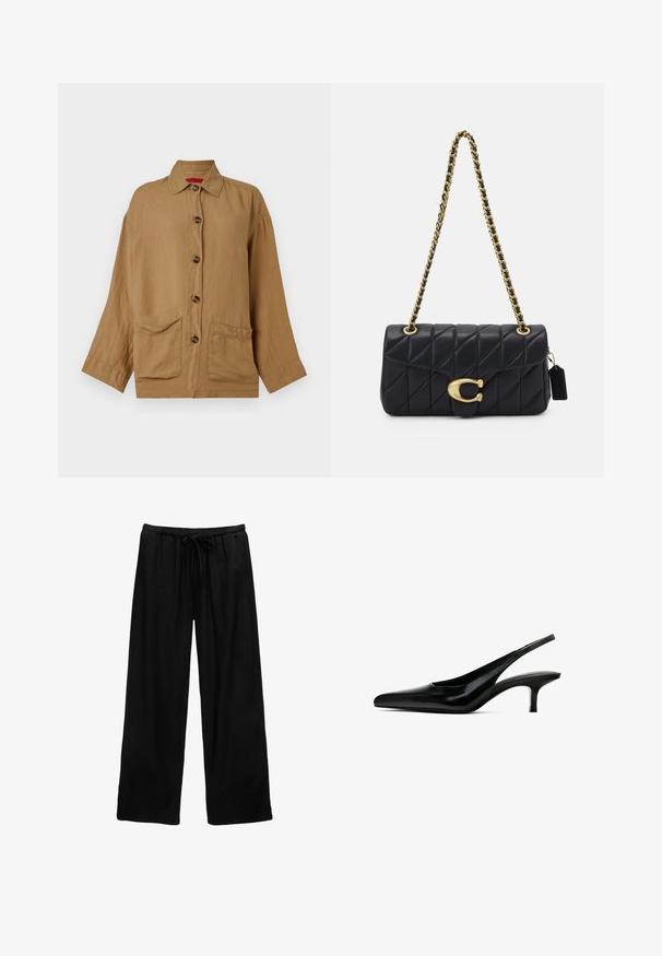 Brown, button-up shirt made of a lightweight fabric. Features a collar, two front pockets, and long sleeves with cuffs.; Black wide-leg pants made of lightweight fabric with an elastic waistband and drawstring detail. Simple design, no patterns or hardware.; Black pointed-toe slingback shoe with a glossy leather finish and a thin, low heel. Features a cutout on the side for breathability.; Black quilted handbag with a gold chain strap, featuring a distinctive gold clasp and a small tag, showcasing a textured leather surface.