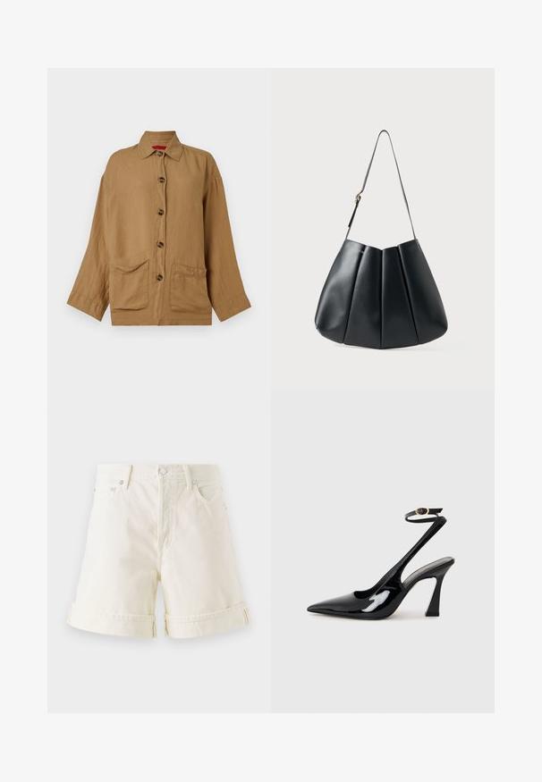 Brown, button-up shirt made of a lightweight fabric. Features a collar, two front pockets, and long sleeves with cuffs.; Light cream denim shorts with a straight cut, rolled cuffs, and classic five-pocket design. Features silver metal hardware.; Black patent leather slingback high heels with a pointed toe, adjustable ankle strap, and a moderate block heel. Smooth texture with glossy finish.; Black leather shoulder bag with pleated design, smooth texture, single strap, and a subtle gold hardware accent.