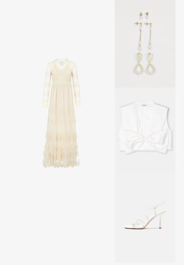 Balta trumpa liemenė su giliu V formos iškirpimu, plačiomis pečių sritimis ir dideliu kaspinų akcentu priekyje. Lygus, satino tipo tekstūra.; Ilgas, grietinėlės spalvos suknelė su permatomomis ilgomis rankovėmis, nėriniuota detale, V formos iškirpte ir sluoksniuota sijona. Pasižymi sudėtingais siuvinėjimo raštais visame gaminyje.; Baltas dirželis su aukštu kulnu sandalai su plokščiu pirštu, tekstūruota priekinė dalis su susiraukšlėjimais ir plonas kulkšnies dirželis.; Auksinės auskarai su dviem perlų lašų dizainais. Vieni auskarai turi skersinį užsegimą; kiti yra kabinimo stiliaus su grandinėle ir papildomais perlais.