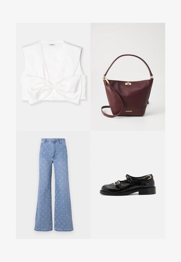 Valkoinen lyhyempi liivi, jossa on syvä V-aukko, leveät olkaimet ja suuri rusetti edessä. Suuri, satiinimainen pinta.; Vaaleansiniset levenevät farkut, joissa on valkoisia ja hopeisia niittejä muodostava pilkkukuosi, tavallinen vyötärö ja etupainike.; Musta nahkakengät brogue-yksityiskohdilla, joissa on kaksi solkea, pyöristetty kärki ja matala korko. Sileä pinta kiiltävällä viimeistelyllä.; Burgundy nahka käsilaukku, jossa on jämäkkä muoto, tasainen pohja, pyöristetty kahva ja kultaiset yksityiskohdat, jotka sisältävät lukituksen ja logotiedot.