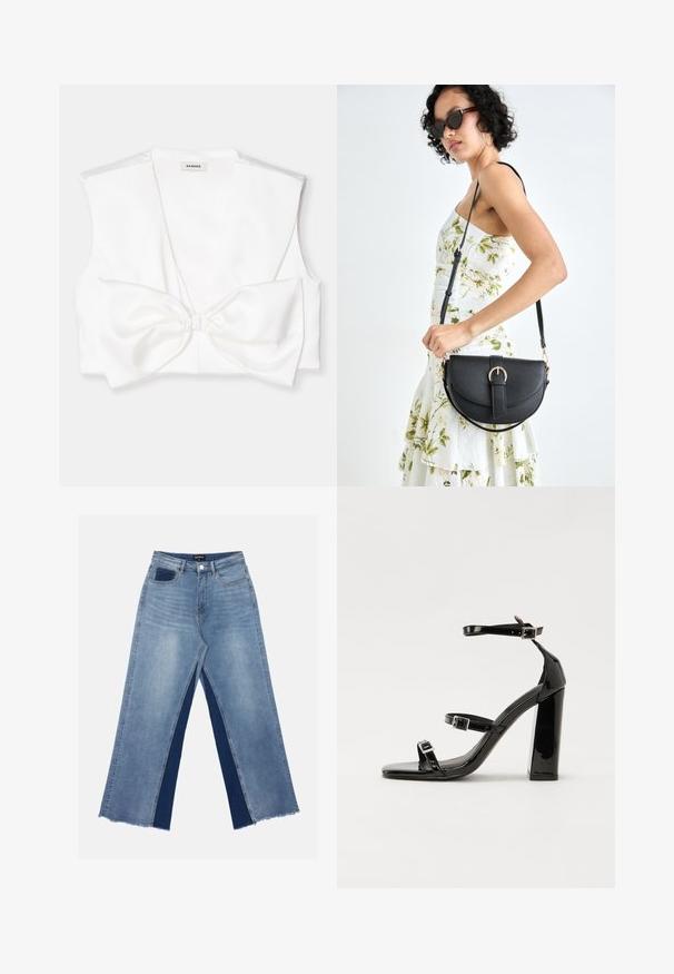 Hvid cropped vest med dyb V-hals, der har brede skulderstropper og en stor sløjfe-detalje foran. Glat, satinlignende tekstur.; Lyseblå breddejeans med kontrasterende mørkeblå paneler, frynset kant og en standard talje med metal knaplukning.; Sorte patenterede hælsandaler med firkantet tå, ankelremme og sølvspænder. Har en chunky blokHæl for stabilitet.; Sort læderhåndtaske med en buet form, aftagelig rem og guldfinish. Tasken har en klap med en spænde detalje.