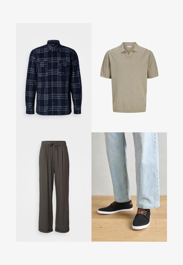 Marineblauwe overhemd met knoopsluiting en grijs geruit patroon, twee borstzakken met knoopflappen en een omgeslagen kraag.; Beige polo shirt met korte mouwen en een textuurafwerking, met een V-hals en een vlakke kraag. Eenvoudige, strakke lijnen zonder zichtbare patronen.; Donkergrijze wijde broek met een koord in de taille, gemaakt van een zachte, gestructureerde stof, met opgerolde manchetten bij de enkels.; Zwarte canvas sneakers met bruine accenten, witte rubberen zolen en bruine veters, gecombineerd met lichtblauwe spijkerbroeken met rechte pijpen. Houten vloer als achtergrond.