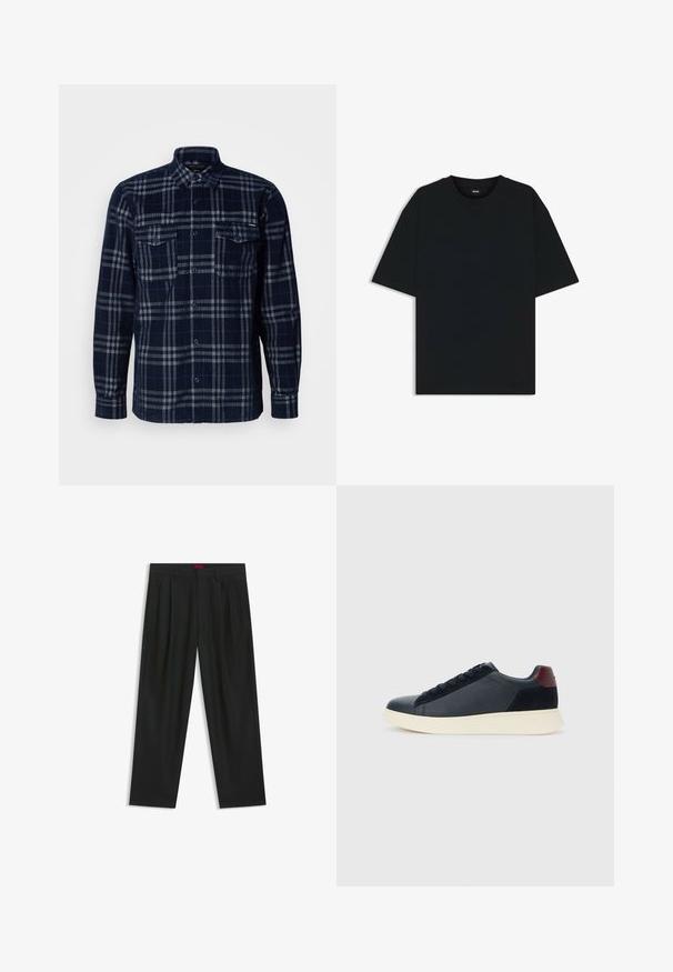 Mørkeblå skjorte med knapper og grå ternet mønster, to brystlommer med knapklapper og en foldet krave.; Sort bomuld t-shirt med rund halsudskæring og korte ærmer. Har en løs pasform og et enkelt design uden mønstre eller accenter.; Sorte bukser med plisseret design, bred benform og en glat tekstur. Har et rødt taljetag.; Lave herresneakers i sort læder og ruskind med maroon hælflap og hvid gummisål, set fra ydersiden.