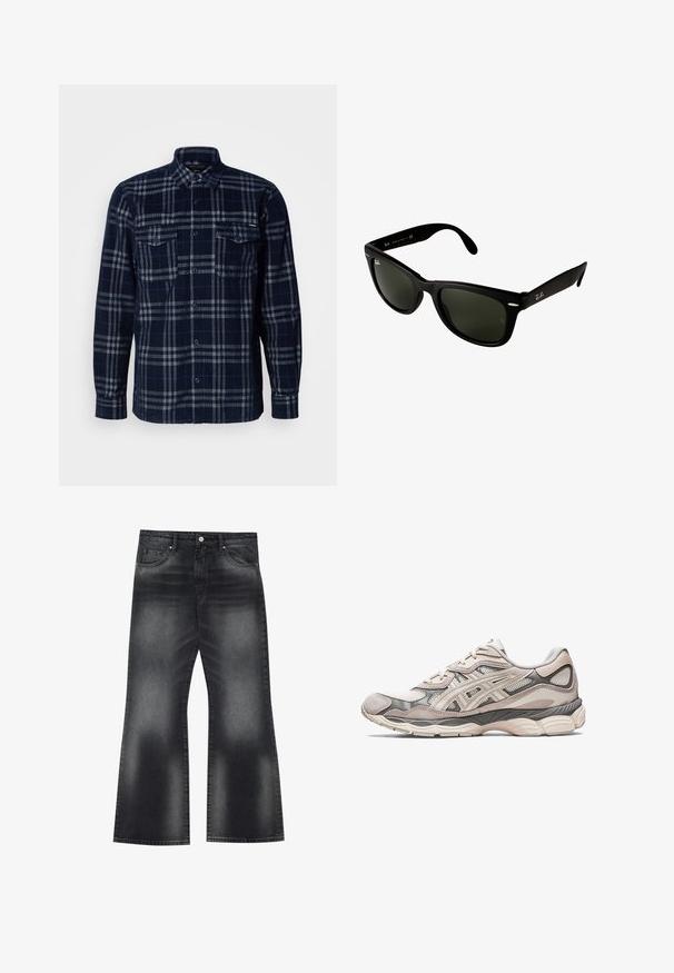 Marineblauwe overhemd met knoopsluiting en grijs geruit patroon, twee borstzakken met knoopflappen en een omgeslagen kraag.; Zwarte flared jeans van denim met een vervaagde wassing, vijf zakken en contrasterende stiksels, met een licht wijde pijpopening.; Lichtgrijze sportschoen met een bovenwerk van mesh en suede. Beschikt over een gevoerde zool, uitgesproken overlays en een gestructureerd ontwerp.; Zwarte kunststof zonnebril met donkergroene lenzen. Het vierkante frameontwerp heeft zilveren accenten en een reliëflogo op de poot.