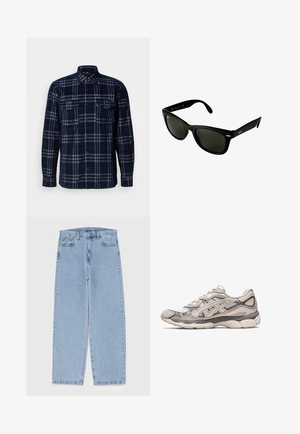 Camicia azzurra navy con pattern a quadri grigi, due tasche sul petto con patte a bottone e colletto pieghevole.; Jeans in denim azzurro chiaro con design a gamba dritta, caratterizzati da una vita media, cinque tasche e chiusura con bottone e zip.; Scarpa atletica grigia chiara con una tomaia in rete e suede. Presenta una soletta ammortizzata, sovrapposizioni pronunciate e un design strutturato.; Occhiali da sole in plastica nera con lenti verde scuro. Il design della montatura quadrata presenta dettagli argentati e un logo in rilievo sulla tempia.; Orologio da polso in metallo argentato con cassa quadrata, quadrante bianco, numeri romani e bracciale a maglie argentate. Presenta un design resistente all'acqua.