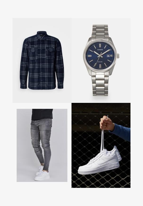 Marineblauwe overhemd met knoopsluiting en grijs geruit patroon, twee borstzakken met knoopflappen en een omgeslagen kraag.; Skinny jeans in vervaagd grijs denim, met versleten details op de knieën, gecombineerd met witte sneakers. Gladde textuur, slank model.; Witte leren sneakers met perforaties, ronde neus, vlakke zool en dikke veters, met een zichtbare swoosh-logo en "AIR" op de hiel.; Zilveren roestvrijstalen horloge met een marineblauwe wijzerplaat, metalen uurmarkeringen en een datumnis op 3 uur. Waterbestendig tot 50 meter.