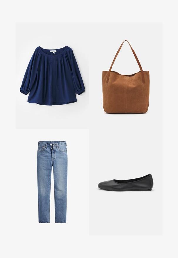 Tamsiai mėlyna palaidinė, pagaminta iš minkštos medžiagos, su plačiu iškirpimu, mygtukų užsegimu, raukšlėmis priekyje ir elastingomis rankogaliais su ilgomis rankovėmis.; Šviesiai mėlynos džinsinės kelnės su tiesiu kirpimu, penkių kišenių dizainu ir mygtukų užsegimu. Pasižymi subtiliu nusidėvėjimu ir oranžiniais siūlais.; Juodai odiniai baletai su apvaliu pirštu, lygi texture, minimalus siuvimo detales ir lanksčiu padų dizainu.; Ruda zomšos pasukta rankinė su dviem ilgomis rankenomis, pasižyminti lygiu paviršiumi, paprastu dizainu ir be matomų detalių ar akcentų.