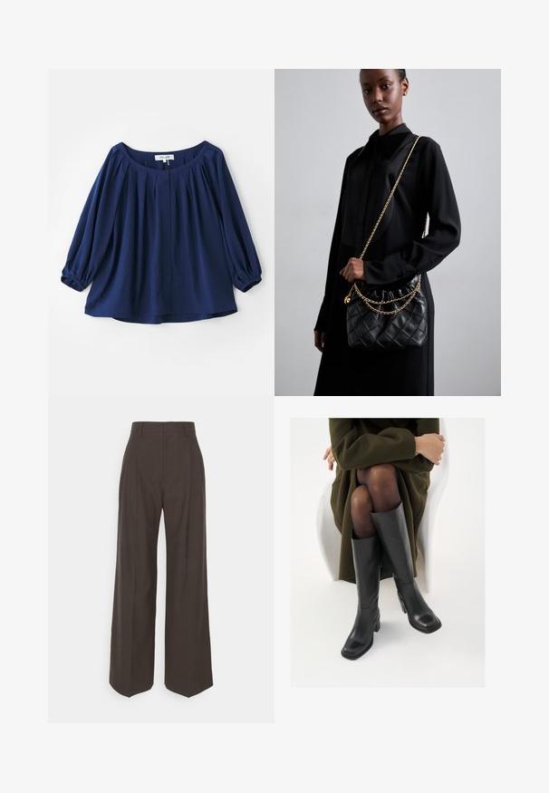 Blouse bleu marine en tissu doux, avec un décolleté large, un système de fermeture à boutons, des plis à l'avant et des poignets élastiques avec des manches longues.; Pantalons larges marron foncé à taille haute, avec des plis soigneusement marqués, une texture lisse et une coupe ajustée.; Bottes en cuir noires arrivant au genou, avec un bout carré et un talon carré, présentées sur un modèle assis dans un manteau vert olive. Texture lisse, détails minimaux.; Sac à main en cuir matelassé noir avec un dessus froncé, une bandoulière en chaîne dorée et une forme rectangulaire, tenu contre un fond uni.