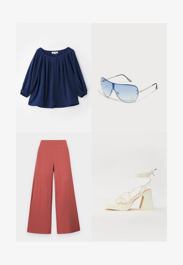 Blusa azul marinho feita de tecido macio, com decote amplo, fecho de botão, pregas na frente e punhos elásticos com mangas compridas.; Calças de perna larga em tom ferrugem, feitas em tecido texturizado com nervuras verticais. Possuem um cós alto e elástico.; Sandálias brancas de salto alto com um salto robusto, apresentando um design com tiras e amarração no tornozelo. Textura suave com uma plataforma na frente para altura adicional.; Óculos de sol aviador com lentes azuis em degradê, armação metálica prateada e detalhes decorativos de estrelas nas lentes. Design suave e elegante.
