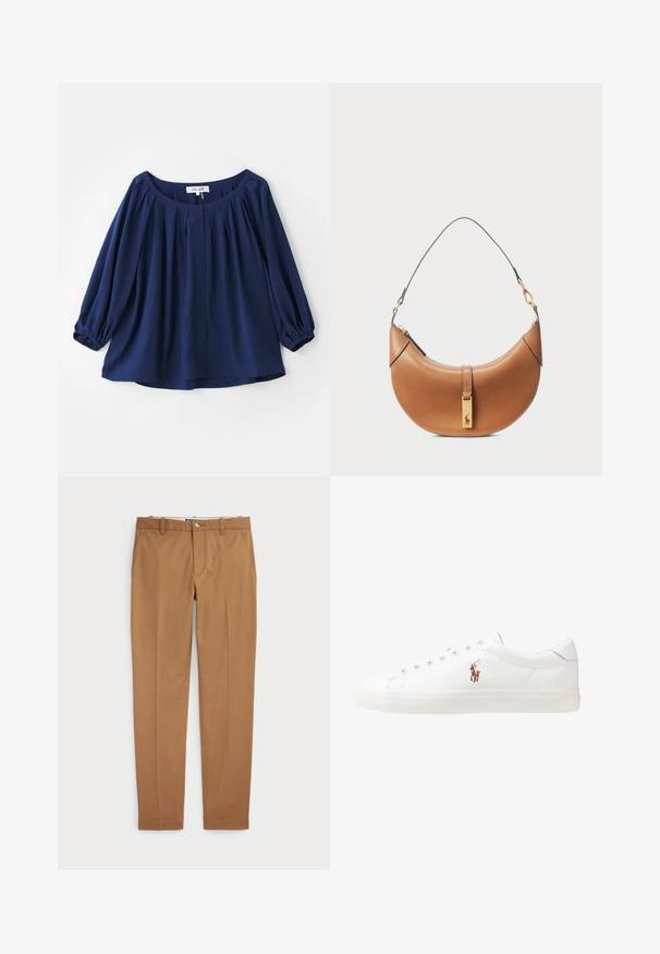 Tumedat bluus pehmest kangast, laia kaelusega, nupulukuga, ees volditud ja elastsete mansettidega täispikkade varrukatega.; Pruunist puuvillast valmistatud püksid, millel on slim-fit disain, lapik eesmine osa ja tavalised taskud; sile tekstuur ja ääristatud sääreotsad.; Valged nahast tossud, madala ülaservaga disain, millel on sile tekstuur, ümar varvas, nööridega esiosa ja väike tikand logoga küljel.; Klassikaline pruun nahast käekott, millel on kumer kuju, kullatud metallist detailid ja õhuke õlarihm. Kotil on lukuga sulgemine ja logo detail esiküljel.