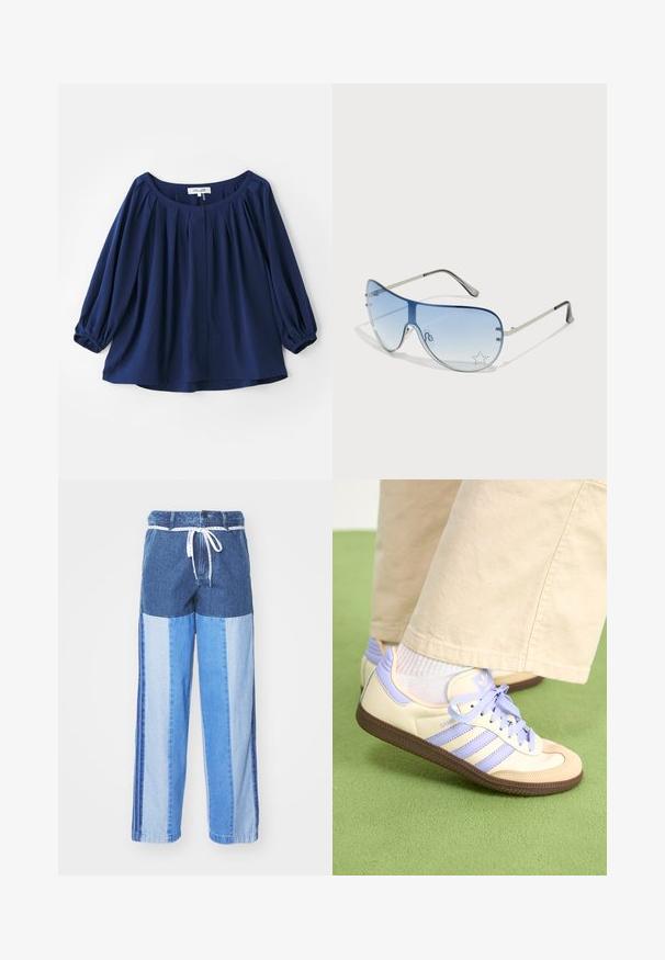 Bluză bleumarin dintr-un material moale, cu un decolteu larg, închidere cu nasturi, pliuri în față și manșete elasticizate cu mâneci lungi.; Pantaloni din denim albastru cu un design pe patchwork în nuanțe variate de albastru, cu talie cu șnur și picioare largi, cu croială dreaptă.; Adidași crem și lavandă cu trei dungi și o talpă texturată maro, având șireturi și un călcâi căptușit. Superior din material moale.; Ochelari de soare aviator cu lentilă gradient albastră, ramă metalică argintie și accente decorative sub formă de stele pe lentilă. Design neted și elegant.