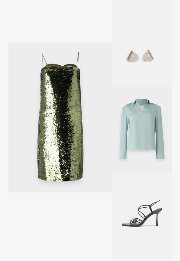 Calvin Klein Blouse - abyss; Robe à paillettes vertes avec une coupe droite, fines bretelles ajustables, présentant une texture réfléchissante et une silhouette élancée.; Des sandales noires à talons hauts avec des fines lanières au design noué, un bout carré lisse et un talon aiguille élégant.; Boucles d'oreilles en métal argenté avec une forme larmoyante lisse et une finition polie. Des gravures subtiles ajoutent des détails. Design minimaliste.