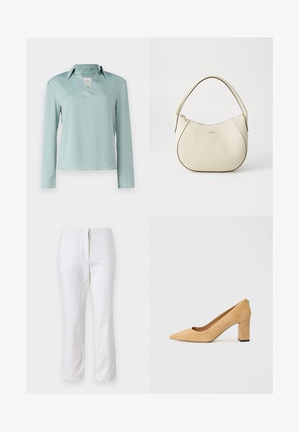 Calvin Klein Camicetta - abyss; Pantaloni bianchi in cotone con design a gamba dritta, caratterizzati da una vita a media altezza e senza hardware o motivi visibili. Tessuto liscio su tutta la superficie.; Pump beige in suede con tacco alto, punta affilata e tacco a blocco massiccio. Il materiale ha una consistenza morbida con una finitura liscia.; Borsa color crema con una finitura testurizzata, forma curva, manico corto e dettaglio del logo in tonalità oro. Chiusura con zip nella parte superiore.