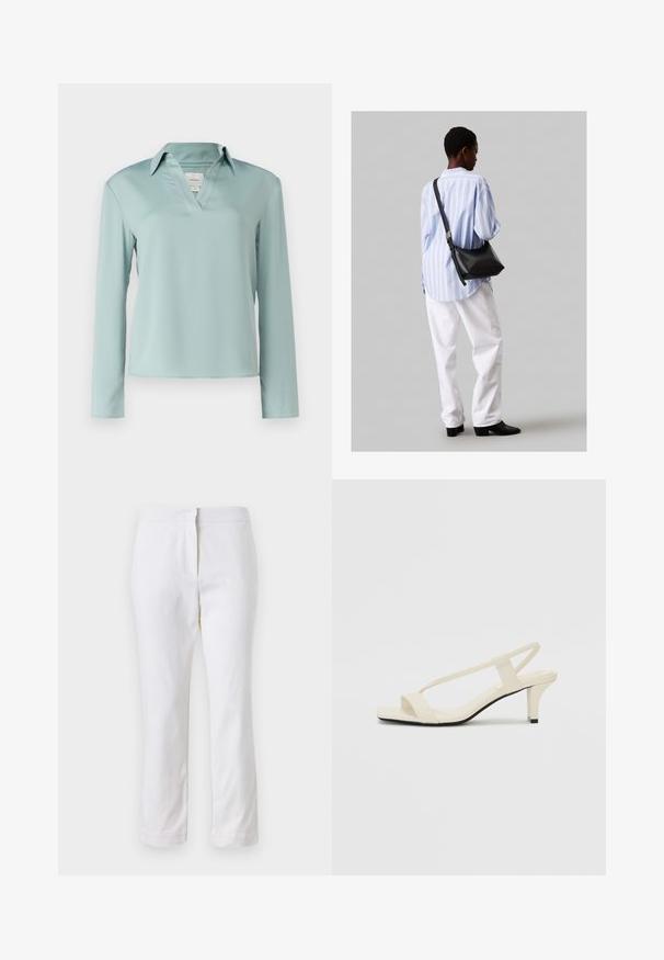 Calvin Klein Pusero - abyss; Valkoiset puuvillahousut suoralla lahkeella, joissa on keskikorkea vyötärö ja ei näkyviä varusteita tai kuvioita. Ehjä pinta kauttaaltaan.; Beige sandaalit, joissa on loiva korko, ohuet hihnat ja neliönmallinen varvasosa. Sileä materiaali, jossa on minimaalista yksityiskohtaa, suunniteltu helppokäyttöiseksi.; Musta nahkainen olkalaukku, jossa on pehmeä rakenne, kolmion muoto ja säädettävä hihna, yhdistettynä vaaleansiniseen raidalliseen paitaan ja valkoisiin housuihin.