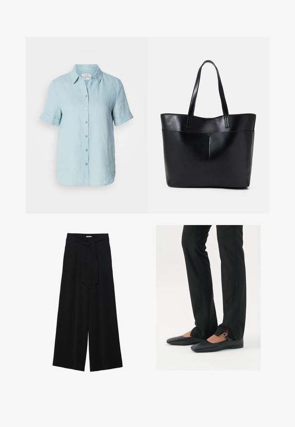 Light blue linen button-up shirt with short sleeves, featuring a collar and rolled-up cuffs, and six front buttons. Smooth texture.; Black wide-leg pants featuring a textured fabric, an elastic waistband, and a detachable sash tie at the waist for adjustable fit.; Black leather ballet flats with a pointed toe, strap with silver buckle, paired with black tailored pants featuring a slit hem.; Black leather tote bag with two long handles, a smooth texture, and a structured shape. Features a front pocket for additional storage.; Silver hoop earrings with a smooth, polished finish. Round shape and secure click-top closure. Lightweight design suitable for everyday wear.