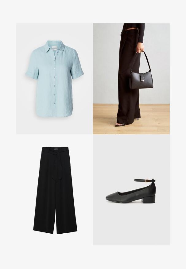 Ανοιχτό μπλε λινό πουκάμισο με κοντά μανίκια, που διαθέτει γιακά και διπλωμένα μανίκια, καθώς και έξι κουμπιά μπροστά. Λείο υλικό.; Μαύρο παντελόνι με φαρδιά πόδια, φτιαγμένο από υφασμάτινη ύλη με υφή, με ελαστική μέση και αποσπώμενη ζώνη στη μέση για ρυθμιζόμενη εφαρμογή.; Μαύρο δερμάτινο τακούνι με μυτερή μύτη και χαμηλό τετράγωνο τακούνι. Διαθέτει λουράκι στον αστράγαλο με χρυσό τόνο πόρπη. Λείο υφή.; Μαύρη τσάντα χειρός με δομημένο σχήμα, λεία υφή και μεταλλικό κούμπωμα. Συνδυασμένη με φαρδιά μαύρα παντελόνια και σανδάλια ανοιχτής μύτης πάνω σε ξύλινο πάτωμα.
