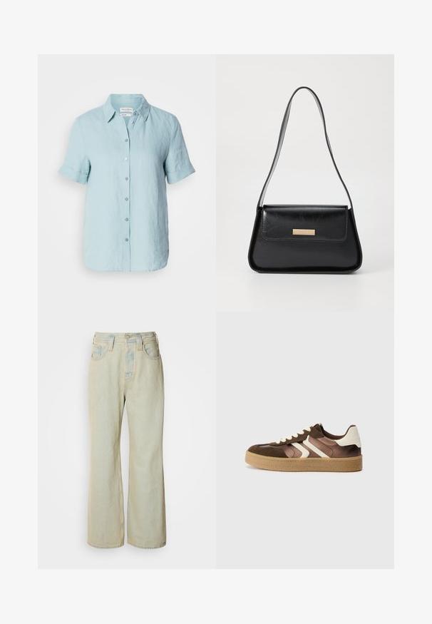 Camisa de lino azul claro con botones, de manga corta, con cuello y puños doblados, y seis botones en la parte delantera. Textura suave.; Vaqueros de pierna ancha de un azul claro, hechos de denim, con una cintura alta, cinco bolsillos y un ligero desvanecimiento con acentos de costura contrastante.; Zapatillas marrones y crema con una combinación de materiales de ante y satén, que presentan tres rayas diagonales y una suela de goma texturizada.; Bolso de mano de cuero negro con una forma triangular estructurada, correa delgada y herrajes en tono dorado que presentan una placa de logo en la solapa frontal.; Pendientes de aro de oro con forma irregular y texturizada. Presentan un cierre sin costuras y un acabado pulido, destacando un diseño moderno.