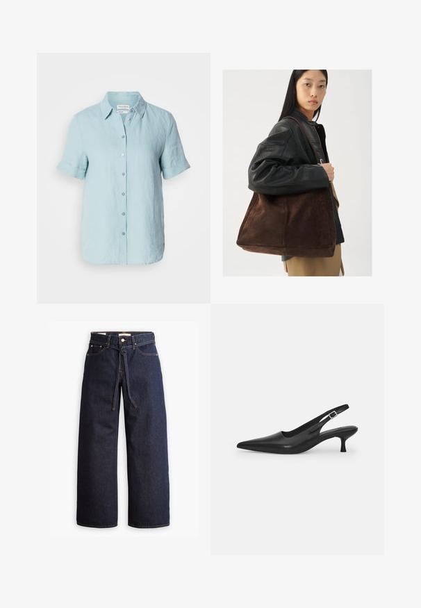 Svetlomodrá ľanová košeľa na gombíky s krátkymi rukávmi, so stojacim golierom a vyhrnutými manžetami, obsahujúca šesť predných gombíkov. Hladký povrch.; Široké tmavomodré denimové džínsy s vysokým pásom, so šnúrkou na sťahovanie, piatimi vreckami a kontrastným prešívaním.; Čierne kožené sandále s úzkym špičatým prstom a štíhlym zakriveným podpätkom. Majú diskrétny nastaviteľný popruh s kovovou sponou.; Hnedá semišová taška cez rameno s širokým tvarom a mäkkou textúrou, s jedným popruhom a minimálnym kovovým doplnkom na neutrálnom pozadí.